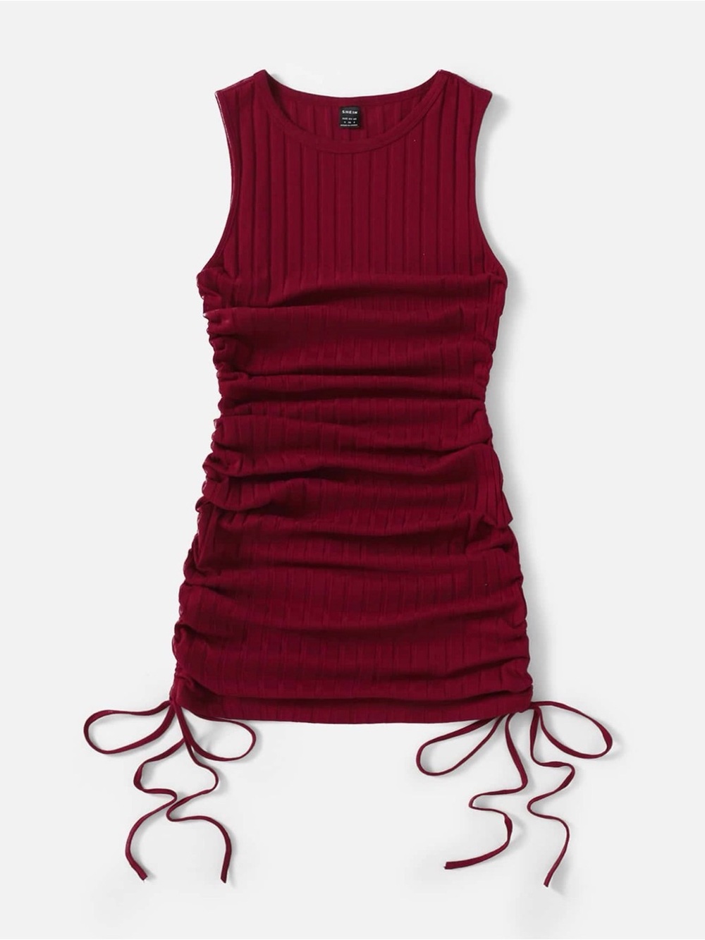 SHEIN Ribbed Sleeveless Ruched Bodycon Dress - Wine Red size L